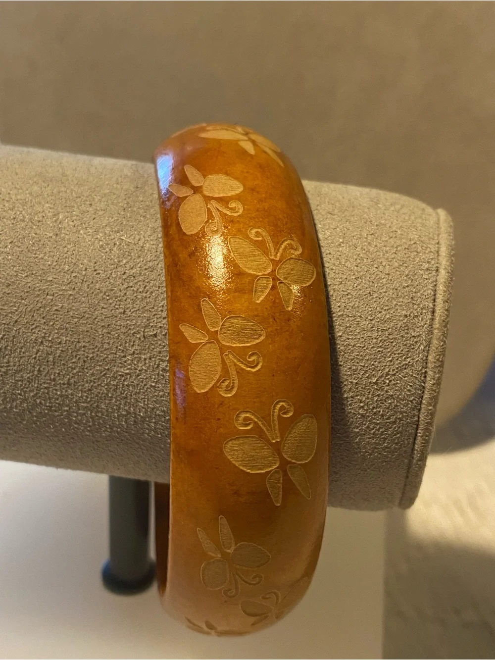 Wooden Bangle Bracelet w/ Carved Butterflies